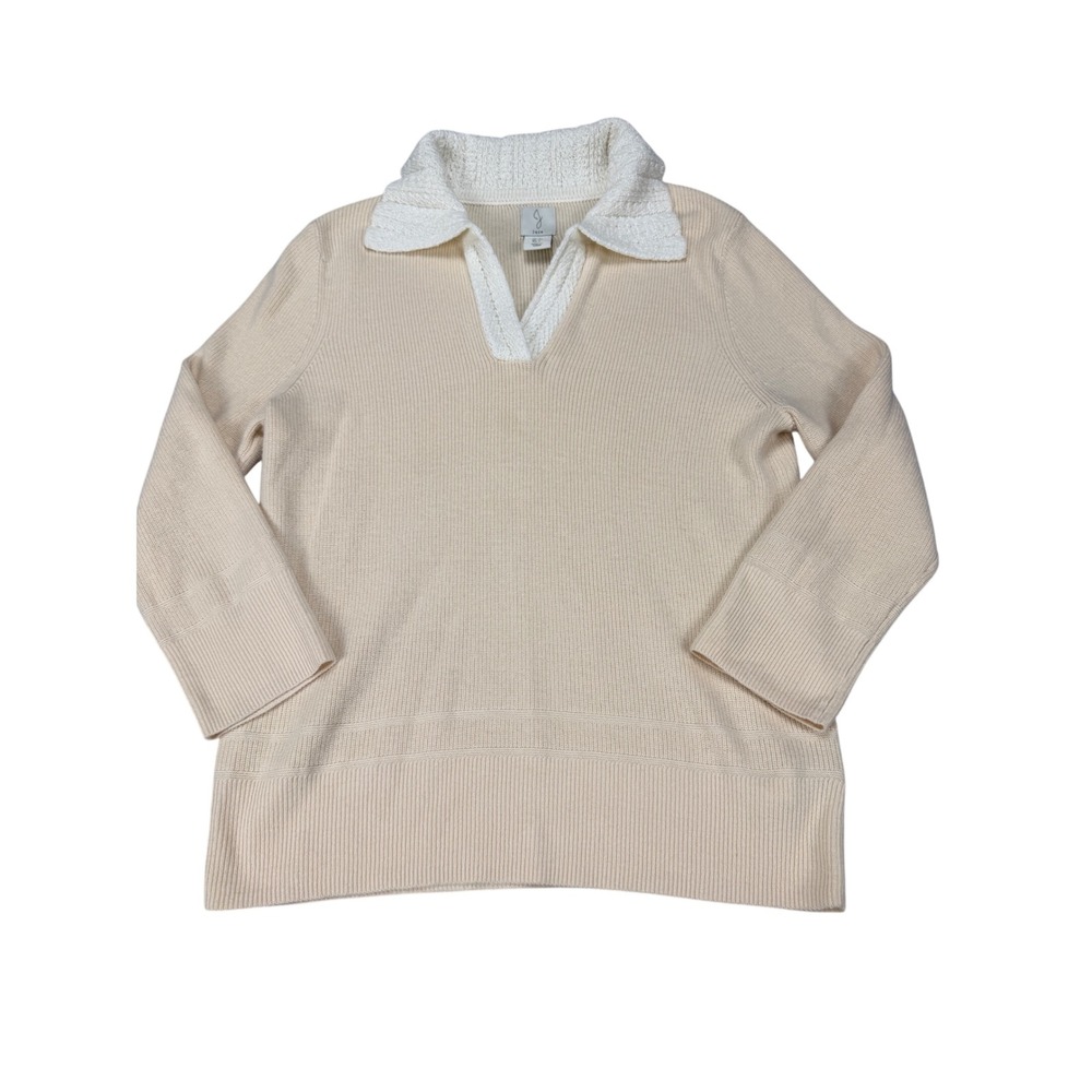 Joie Womens Beige Ribbed Knit Sweater White Contrast Collar V-Neck Small Cotton